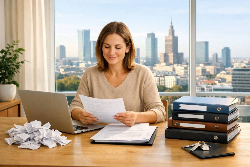 Kobieta przy stole w nowoczesnym mieszkaniu z dokumentami i laptopem obok zamkniętych teczek symbolizujących spłacone długi