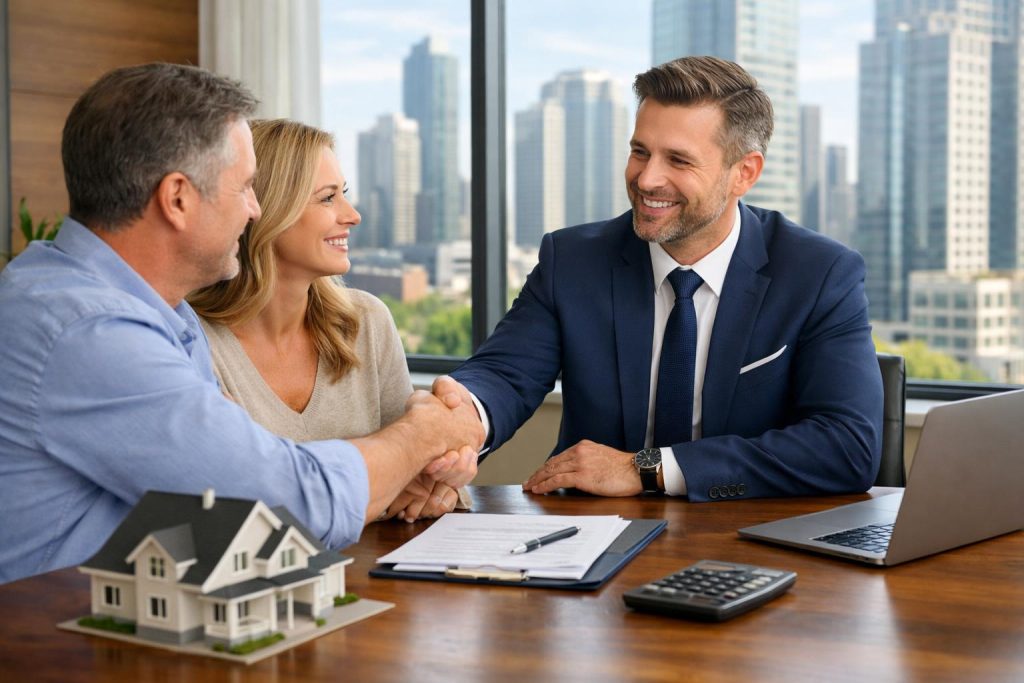 Doradca finansowy w biurze wręcza dokumenty parze klientów przy stole