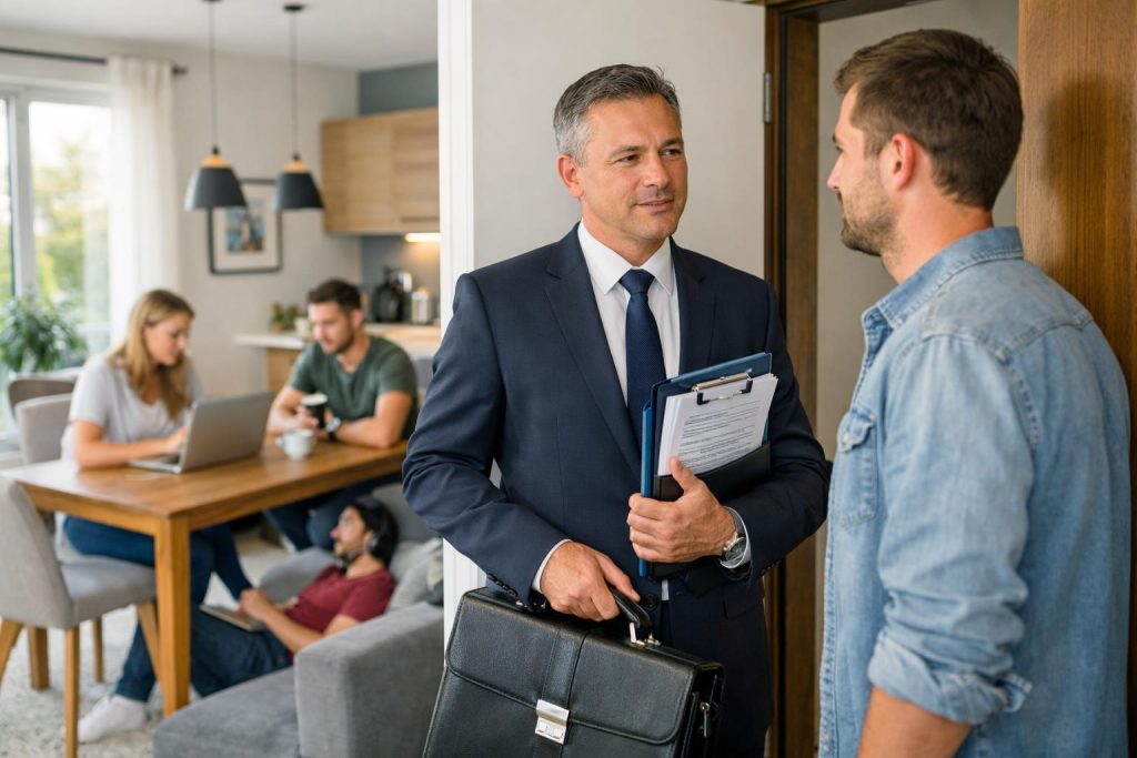 Komornik rozmawia z właścicielem mieszkania przy drzwiach, w tle lokatorzy w codziennych sytuacjach