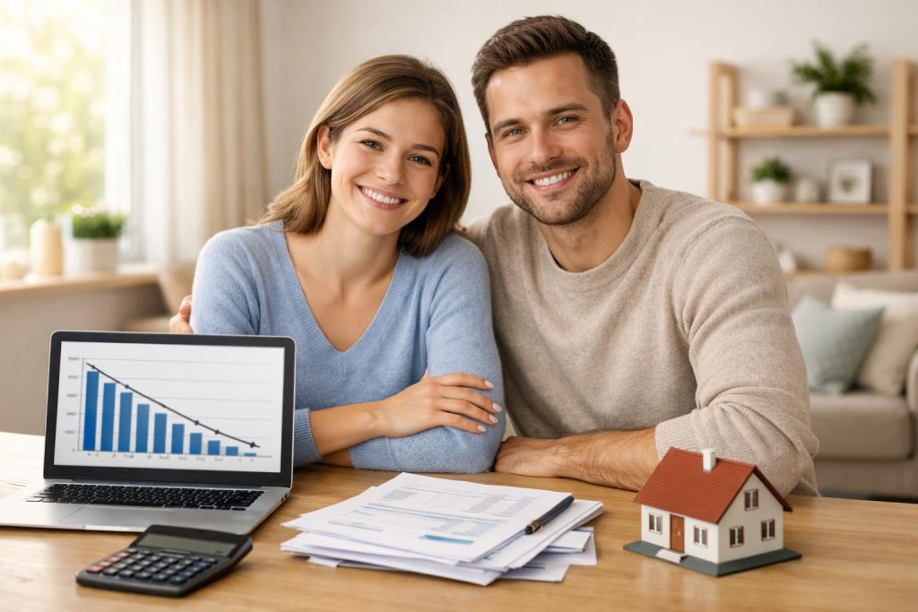 Młoda para przy stole z laptopem i dokumentami analizuje raty