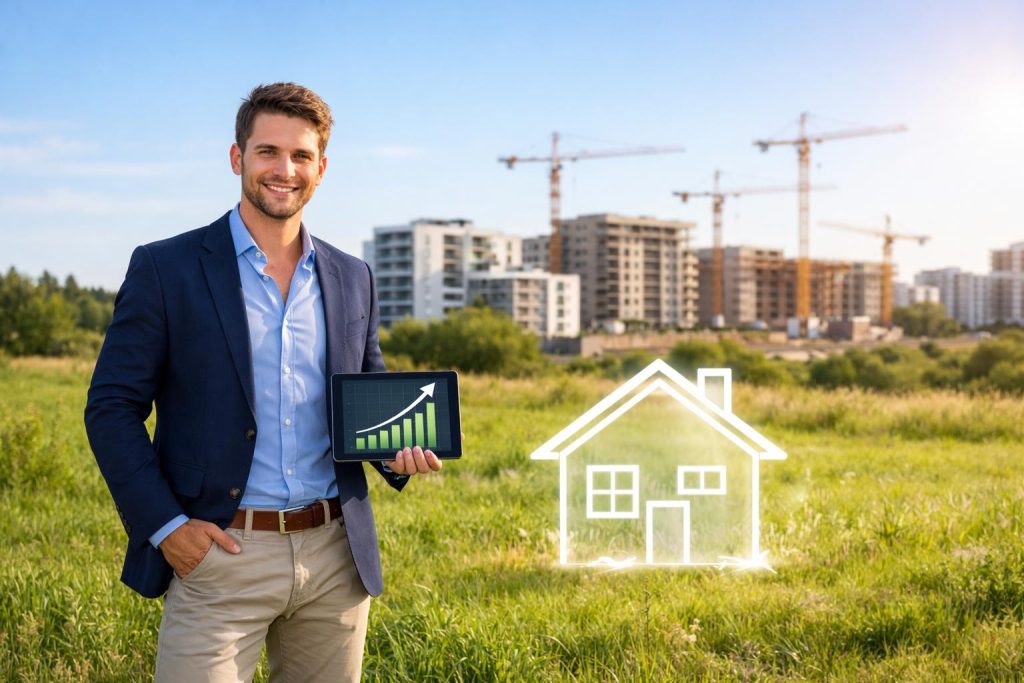 mlody inwestor na dzialce z tabletem, nowe osiedla i dzwigi w tle
