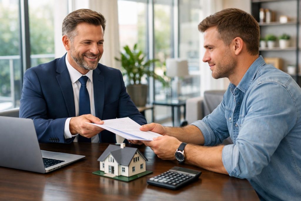 Doradca finansowy wręcza dokumenty klientowi w jasnym biurze przy stole z laptopem i modelem domu