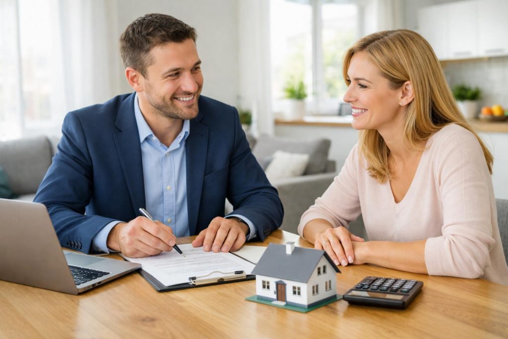 Doradca finansowy omawia pożyczkę hipoteczną z klientem przy stole z dokumentami i makietą domu nowoczesne mieszkanie w tle