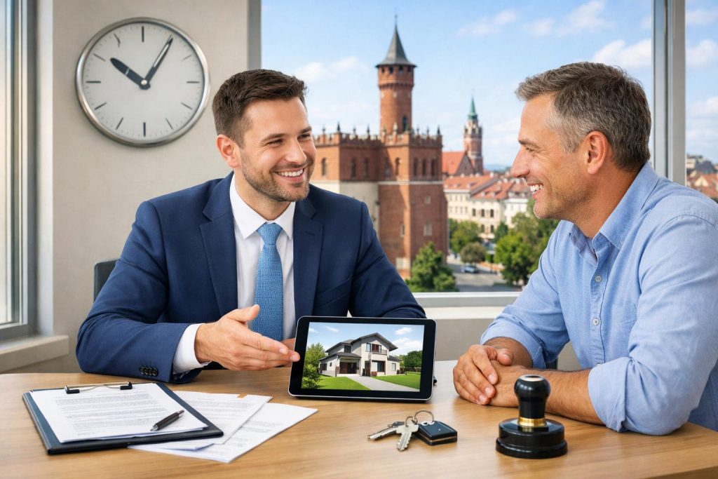 Doradca finansowy omawia pożyczkę z klientem w jasnym biurze w Tarnowie
