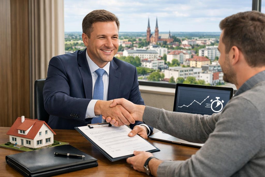 Doradca finansowy przekazuje dokumenty klientowi w biurze przy modelu domu