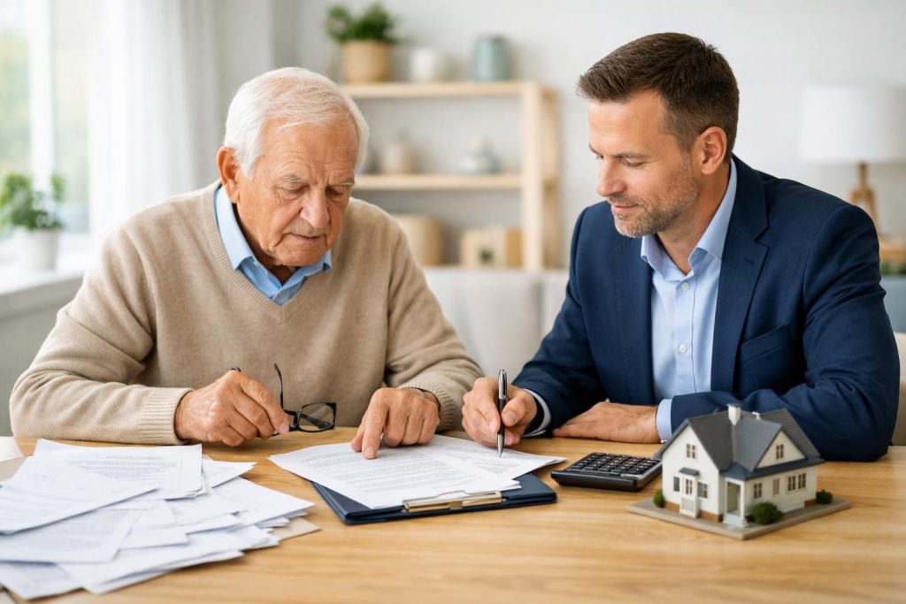 Senior z doradcą finansowym analizują dokumenty przy stole