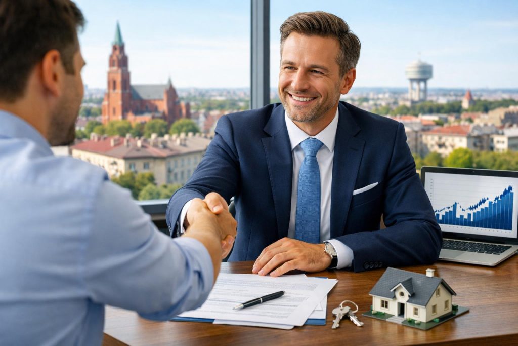Doradca finansowy w eleganckim biurze podaje rękę klientowi przy stole z dokumentami, makietą domu i kluczami, w tle miasto Zabrze