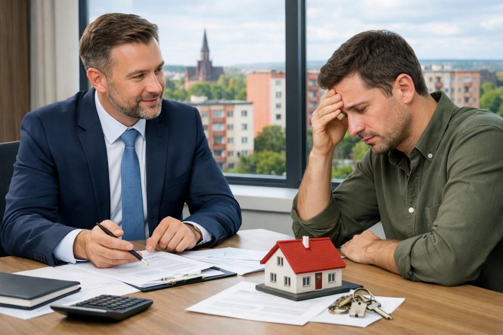 Doradca finansowy wyjaśnia ofertę klientowi w nowoczesnym biurze z dokumentami i makietą domu