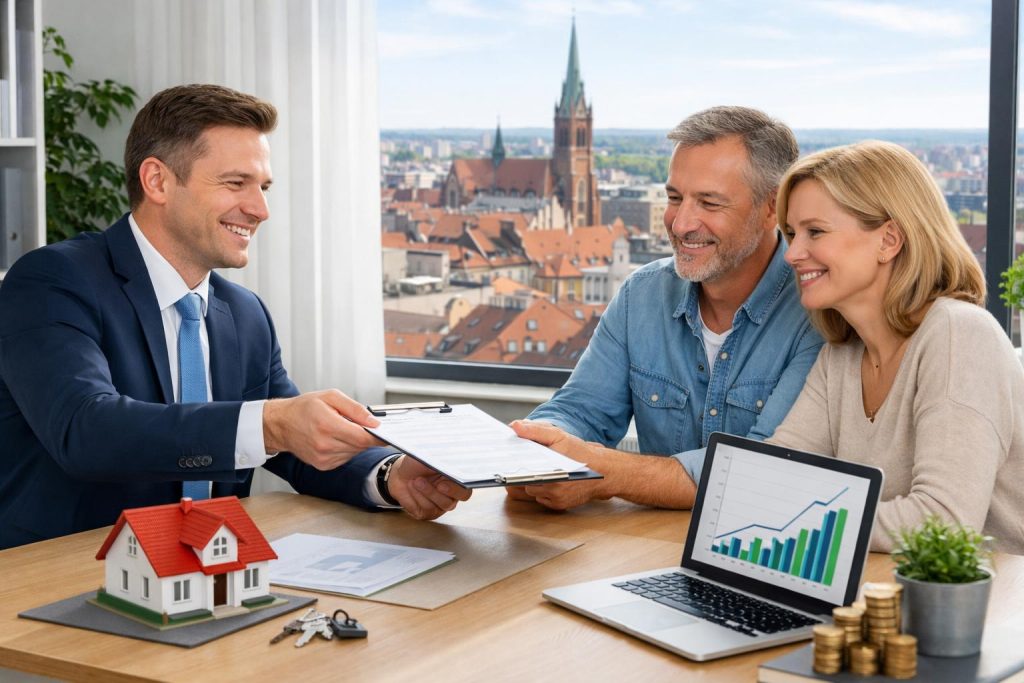 Doradca finansowy wręcza dokumenty parze w jasnym biurze z modelem domu