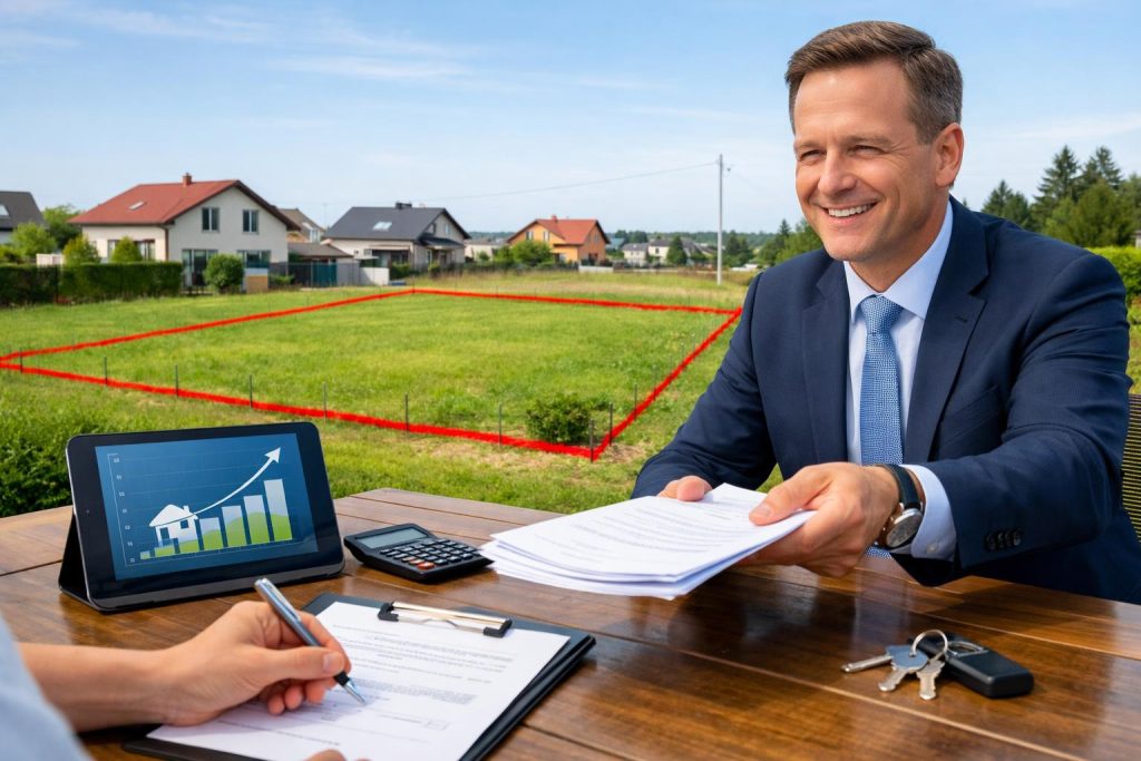 Doradca finansowy przekazuje dokumenty klientowi na tle działki budowlanej z domami i tabletem z wykresem wartości nieruchomości