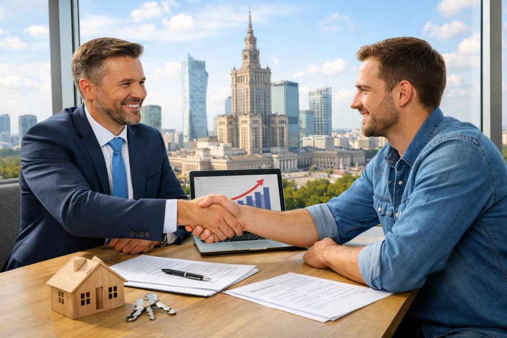 Doradca i klient omawiają pożyczkę hipoteczną w nowoczesnym biurze z widokiem na Warszawę