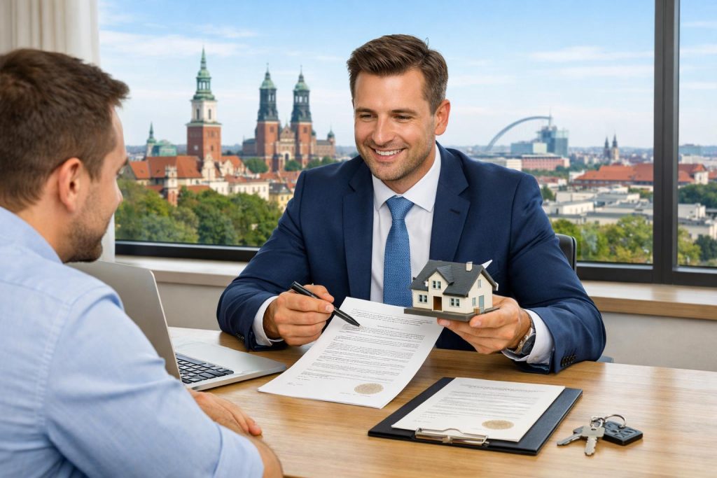 Doradca finansowy prezentuje dokumenty klientowi w nowoczesnym biurze z widokiem na Poznań