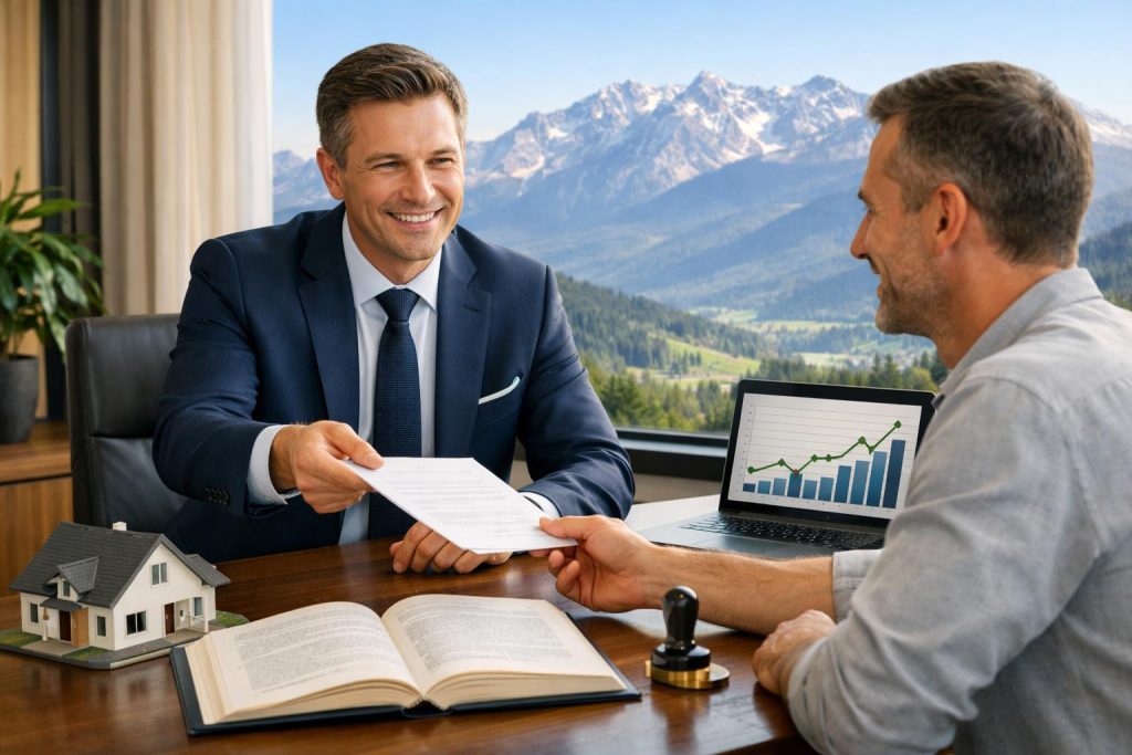 Doradca finansowy w biurze z widokiem na Tatry podczas spotkania z klientem