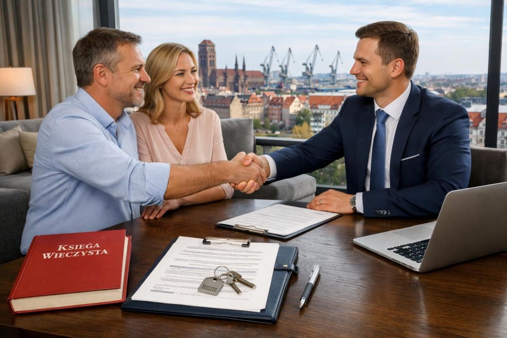 Para z doradcą finansowym przy stole w salonie z widokiem na Gdańsk
