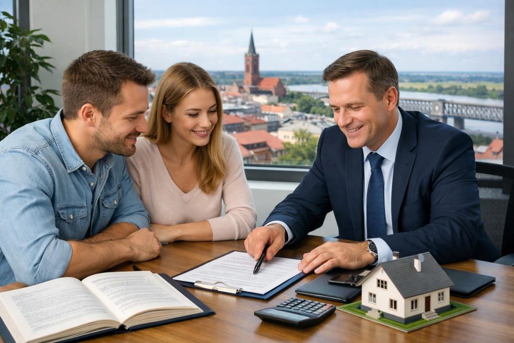 Doradca finansowy omawia umowę z parą klientów w jasnym nowoczesnym biurze