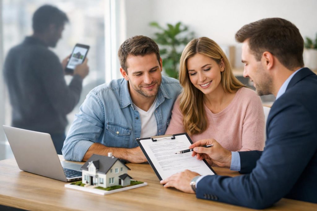 Para z doradcą finansowym analizuje umowę w jasnym biurze przy modelu domu