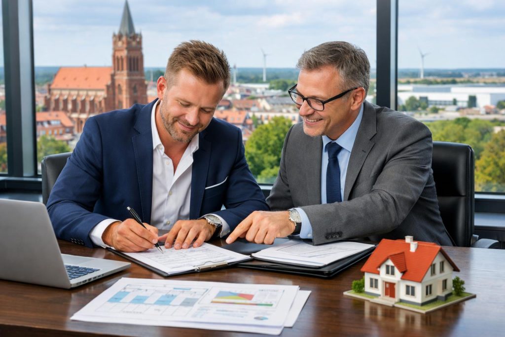 Przedsiębiorca i doradca finansowy podpisują umowę w biurze w Stargardzie