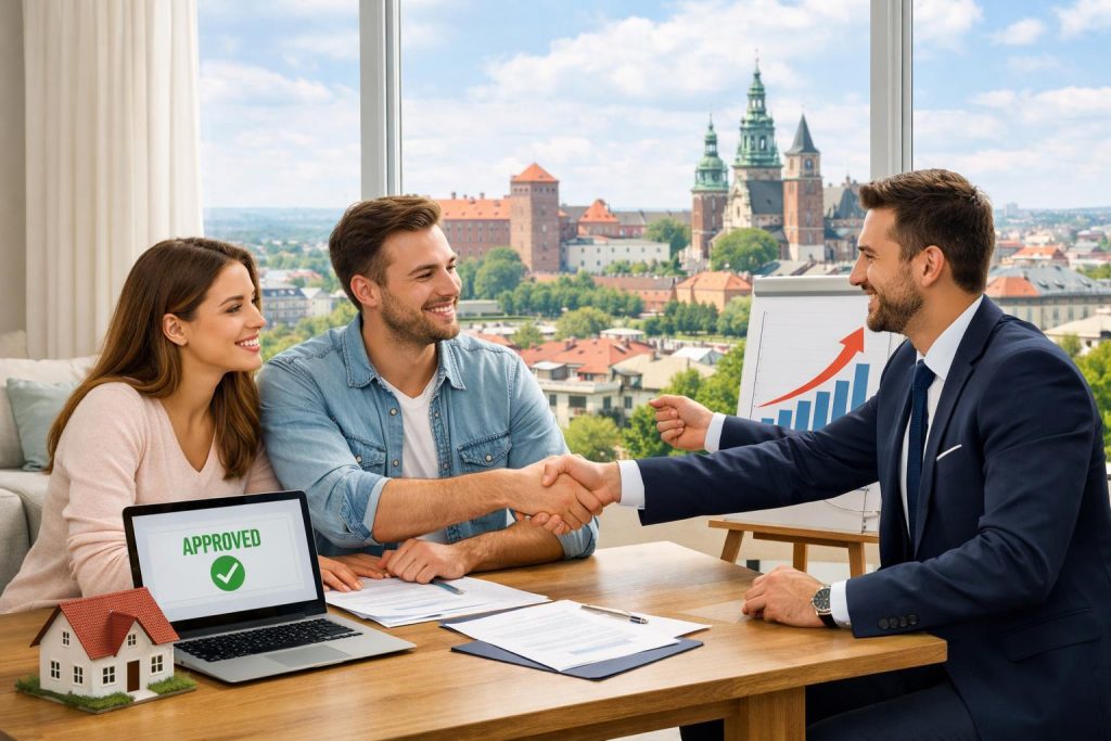 Młoda para z doradcą finansowym przy stole z laptopem i makietą domu w jasnym salonie w Krakowie