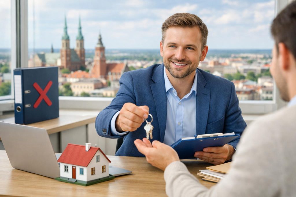 Doradca finansowy wręcza klucze do mieszkania klientowi w biurze w Legnicy z widokiem na miasto