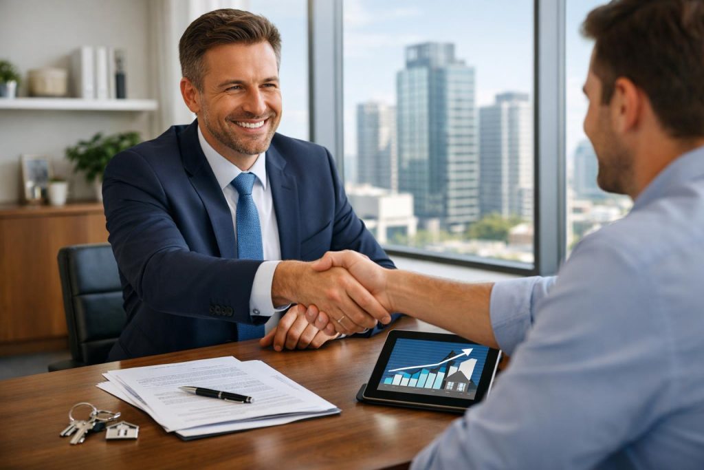 Doradca finansowy podaje rękę klientowi w eleganckim biurze z dokumentami i tabletem na stole