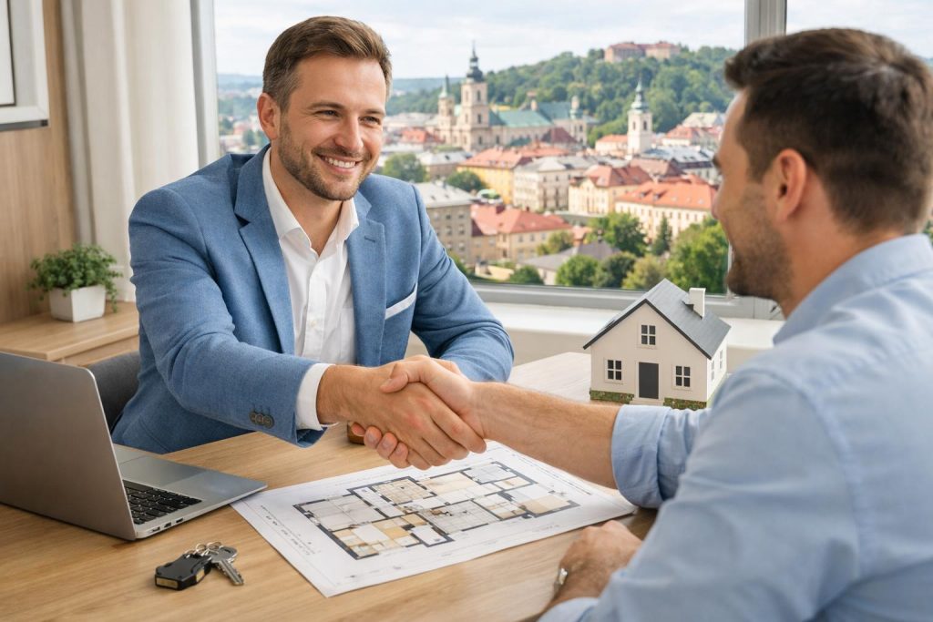 Doradca finansowy podaje rękę klientowi w nowoczesnym biurze przy planie mieszkania