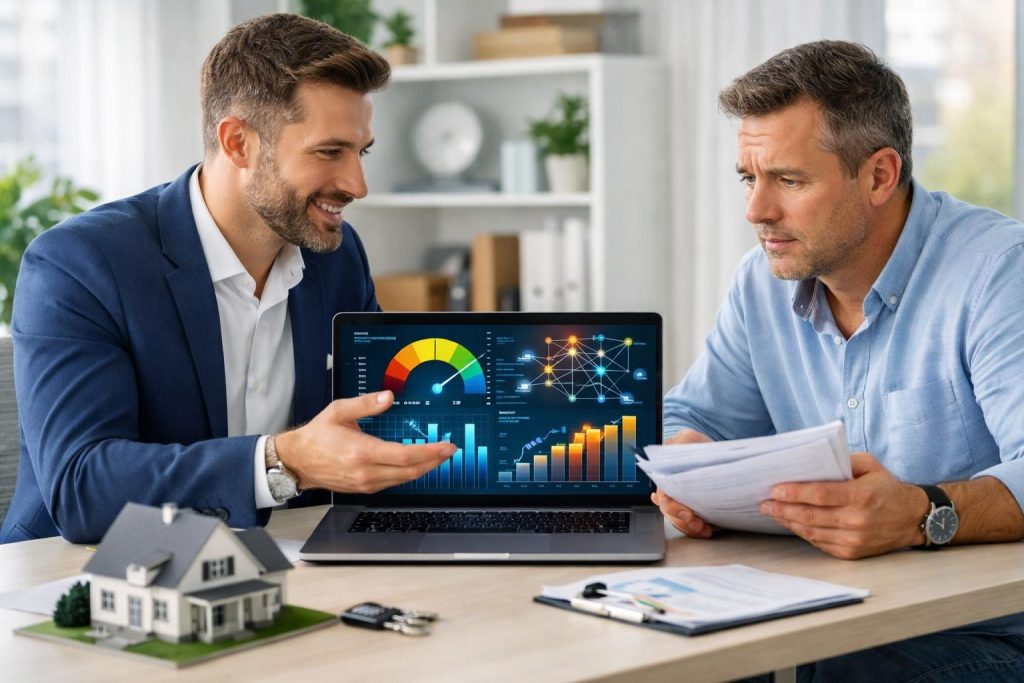 Doradca finansowy korzystający z AI analizuje dane klienta przy biurku