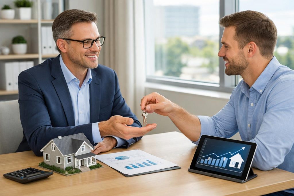 Doradca finansowy omawia pożyczkę hipoteczną z klientem przy jasnym biurku w biurze
