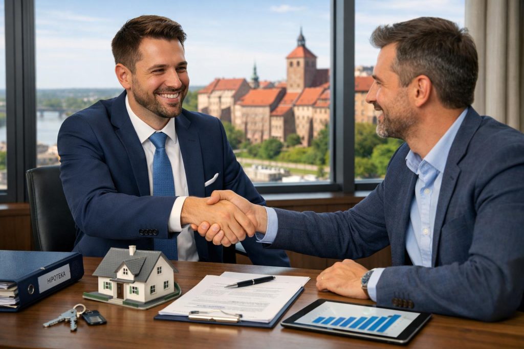 Doradca finansowy podaje rękę przedsiębiorcy w biurze z modelem domu na biurku