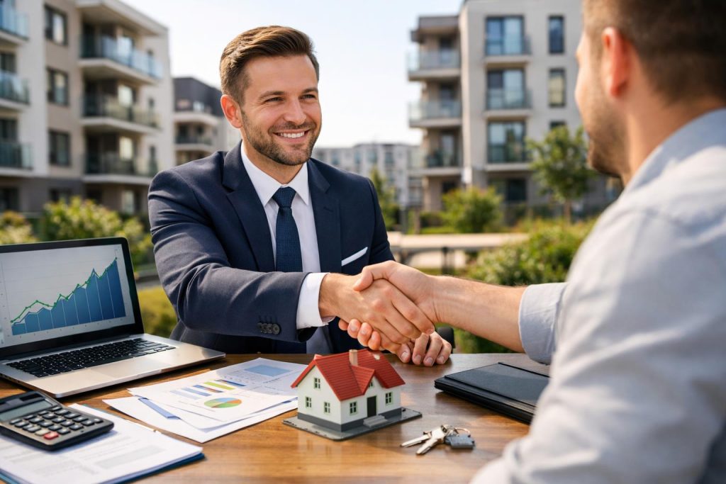 Doradca finansowy wręcza rękę klientowi przy stole z dokumentami i makietą domu