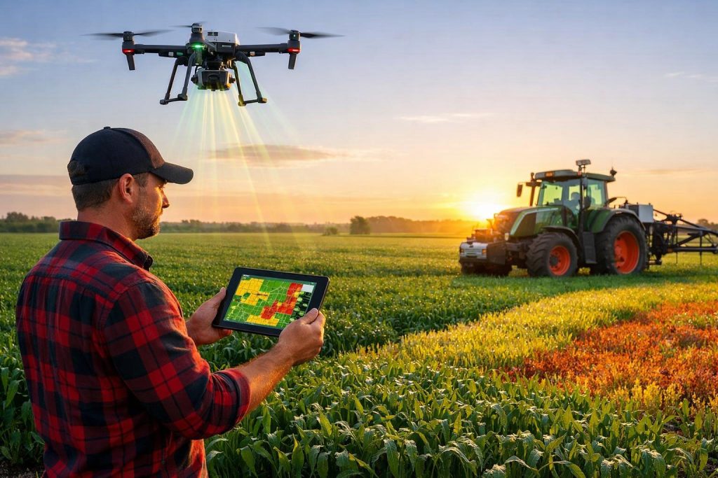 Rolnik z tabletem na polu uprawnym o wschodzie słońca, dron i traktor nowoczesny w tle