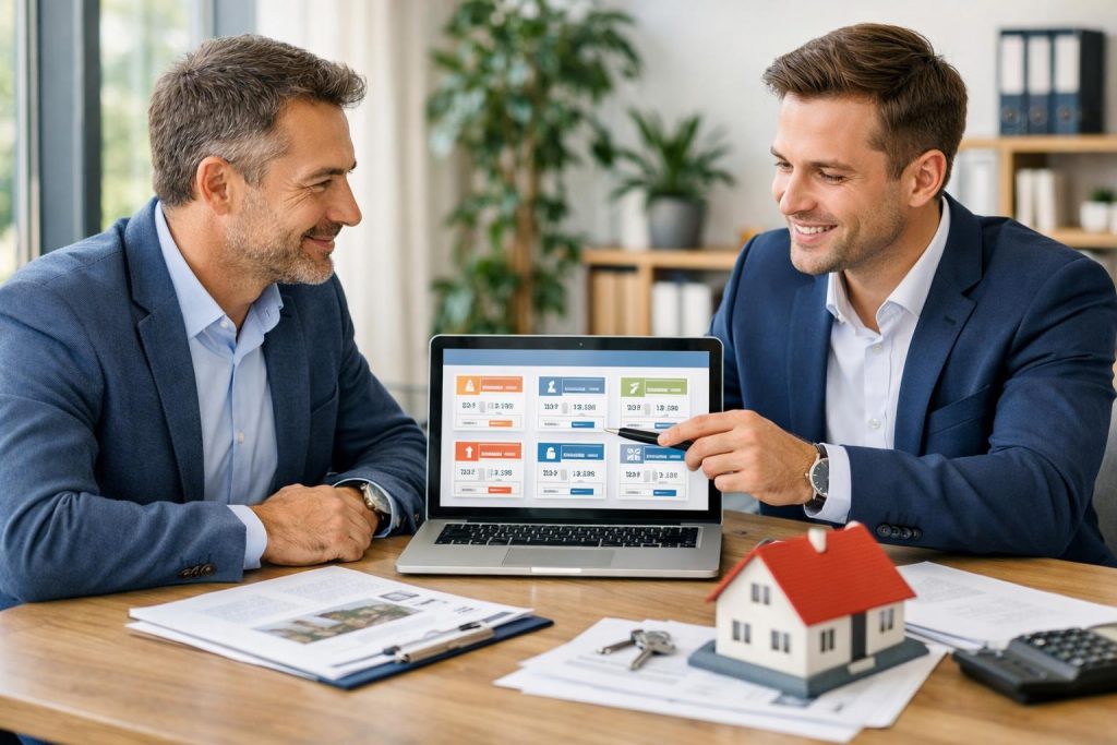 Przedsiębiorca z doradcą analizują oferty finansowania na laptopie