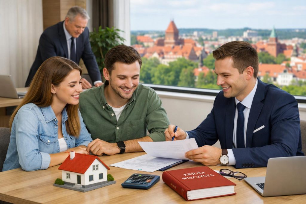 Młoda para i doradca finansowy omawiają dokumenty w jasnym biurze notarialnym