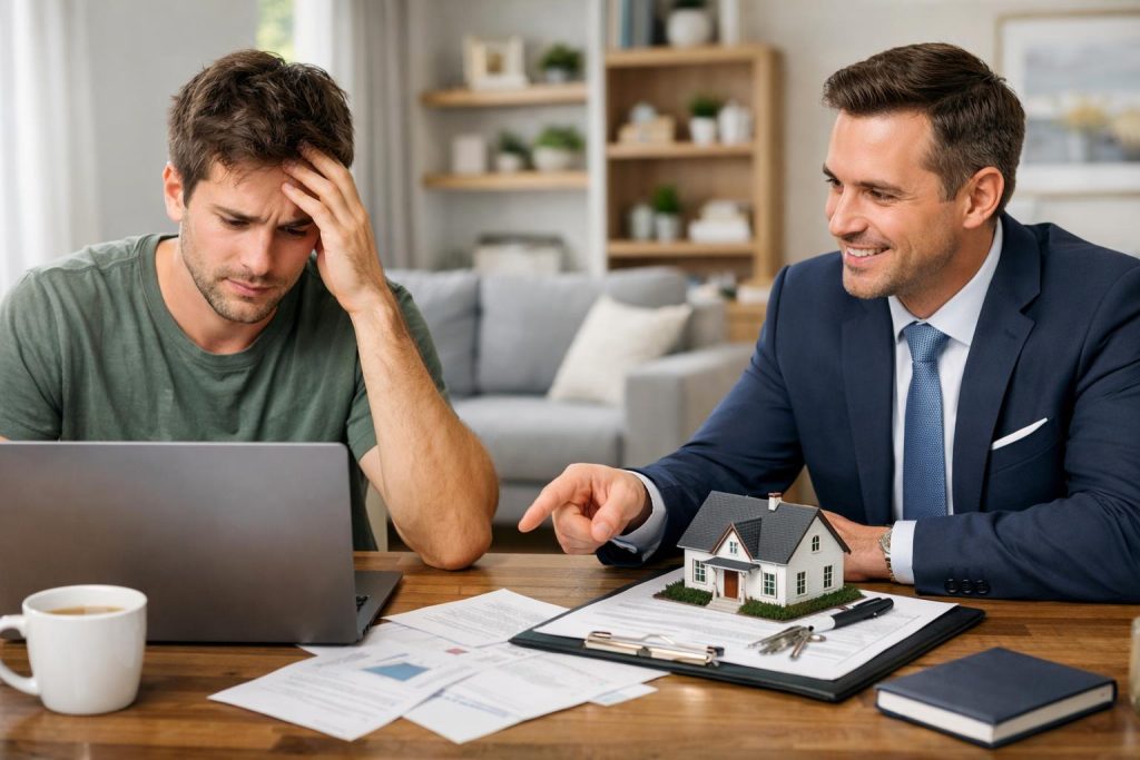 freelancer przy biurku z laptopem i doradcą finansowym w mieszkaniu