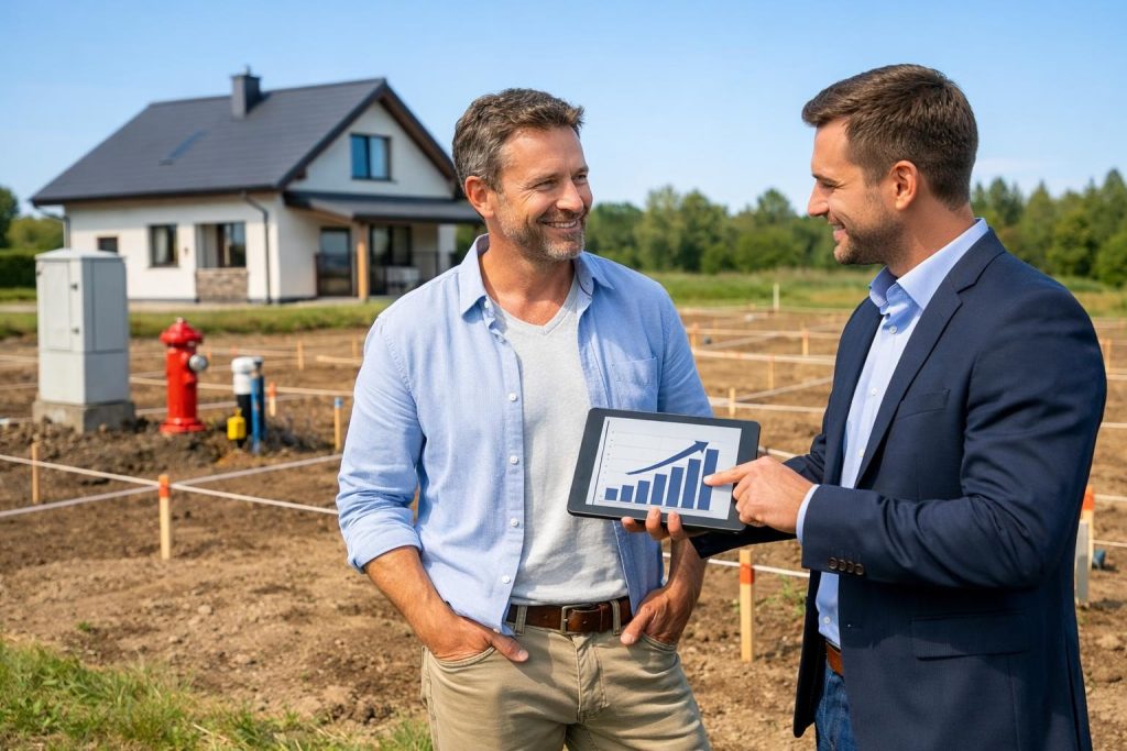 Właściciel domu i doradca finansowy przy podzielonej działce z przyłączami