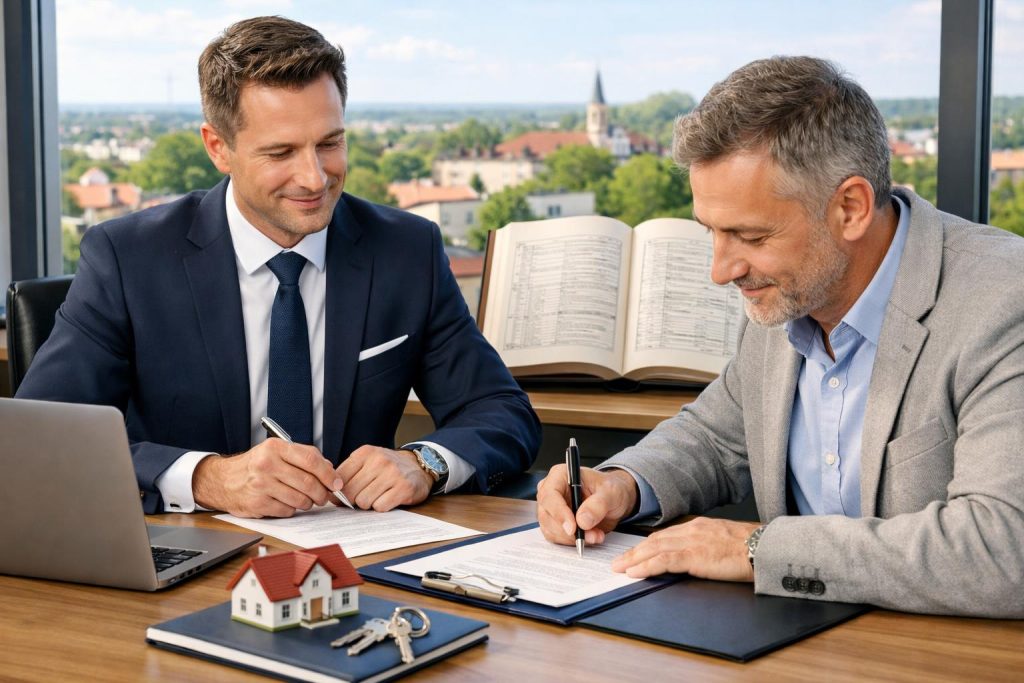 Doradca finansowy i klient podpisują umowę u notariusza przy biurku