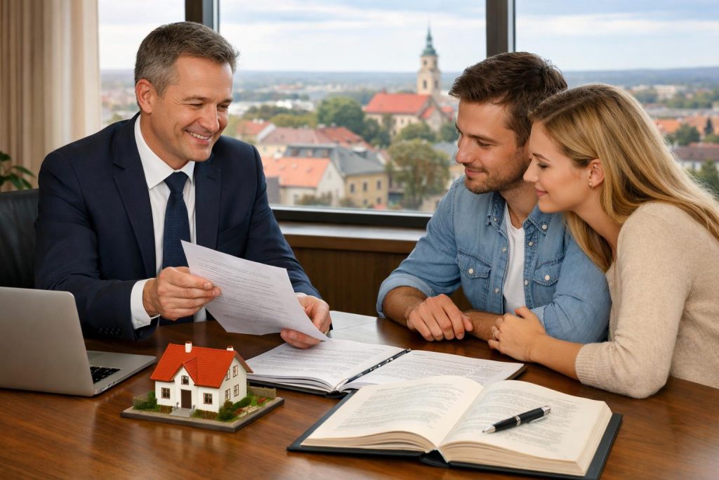 Doradca finansowy objaśnia dokumenty klientom w nowoczesnym biurze