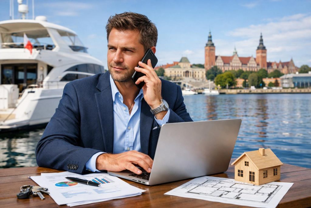 Przedsiębiorca przy laptopie i dokumentach nad wodą w tle marina Szczecin