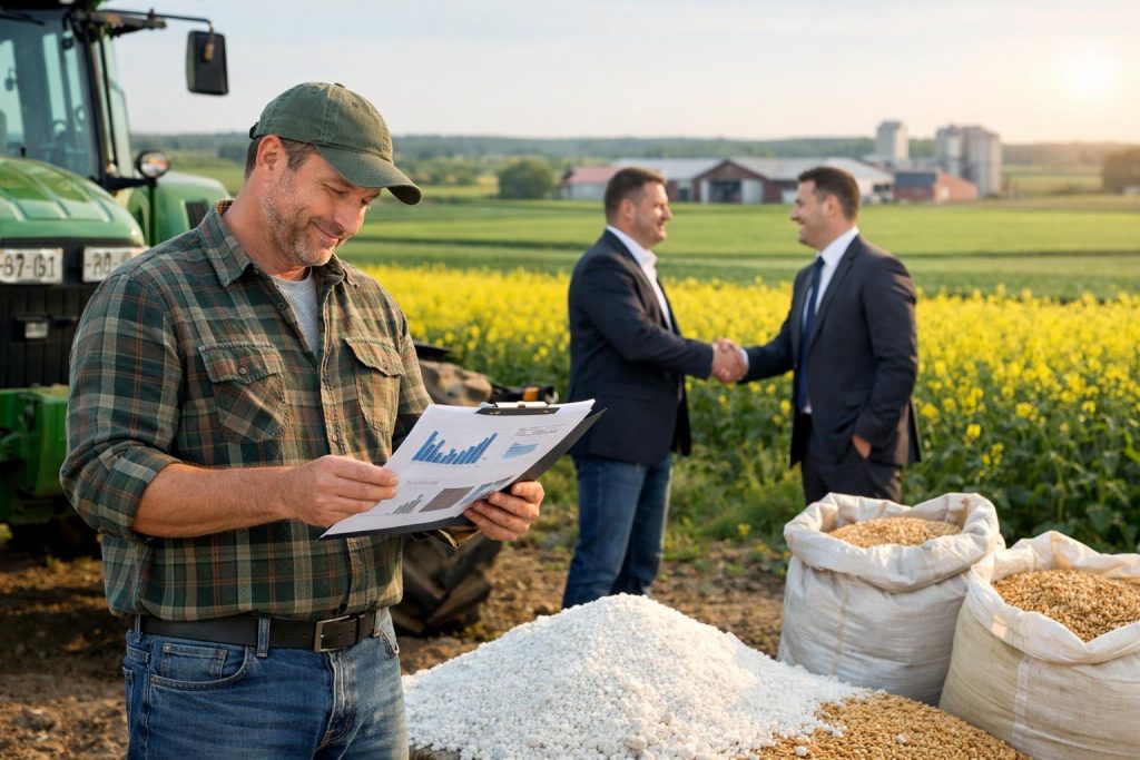 Rolnik przegląda dokumenty finansowe przy ciągniku na polu rzepaku z doradcą
