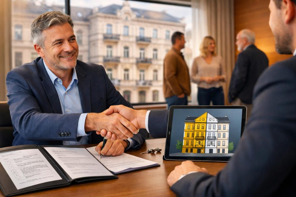 Klient podpisujacy umowe w nowoczesnym biurze doradcy finansowego z wizualizacja kamienicy na tablecie