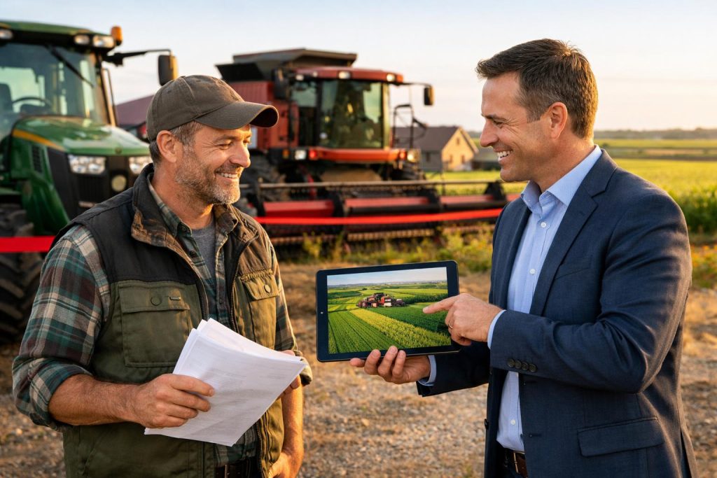 Rolnik przy nowoczesnym ciągniku z doradcą finansowym i tabletem