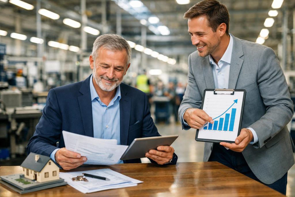 Przedsiębiorca z doradcą finansowym analizuje wykres finansowy na tle hali produkcyjnej