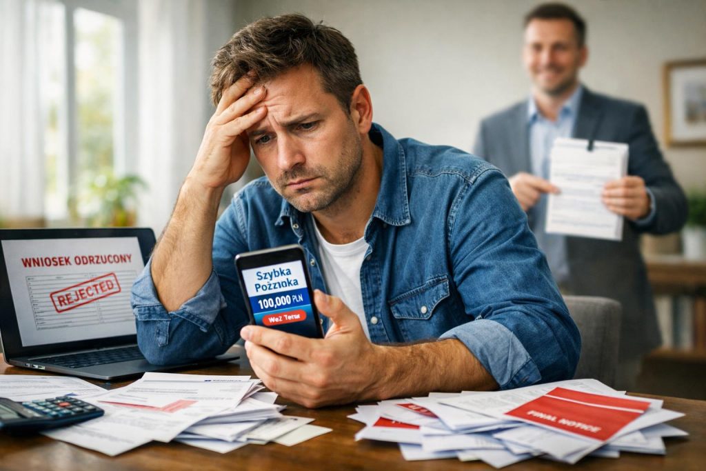 Zadłużony mężczyzna z rachunkami i doradcą finansowym w tle