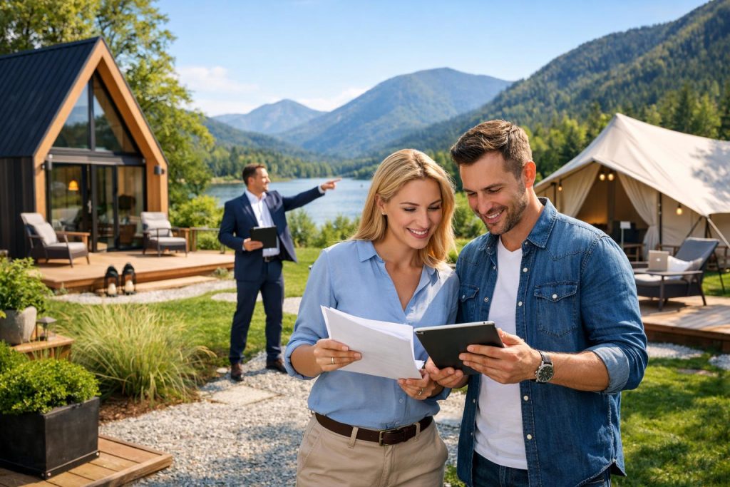 Atrakcyjna działka z tiny houses, para inwestorów i agent finansowy