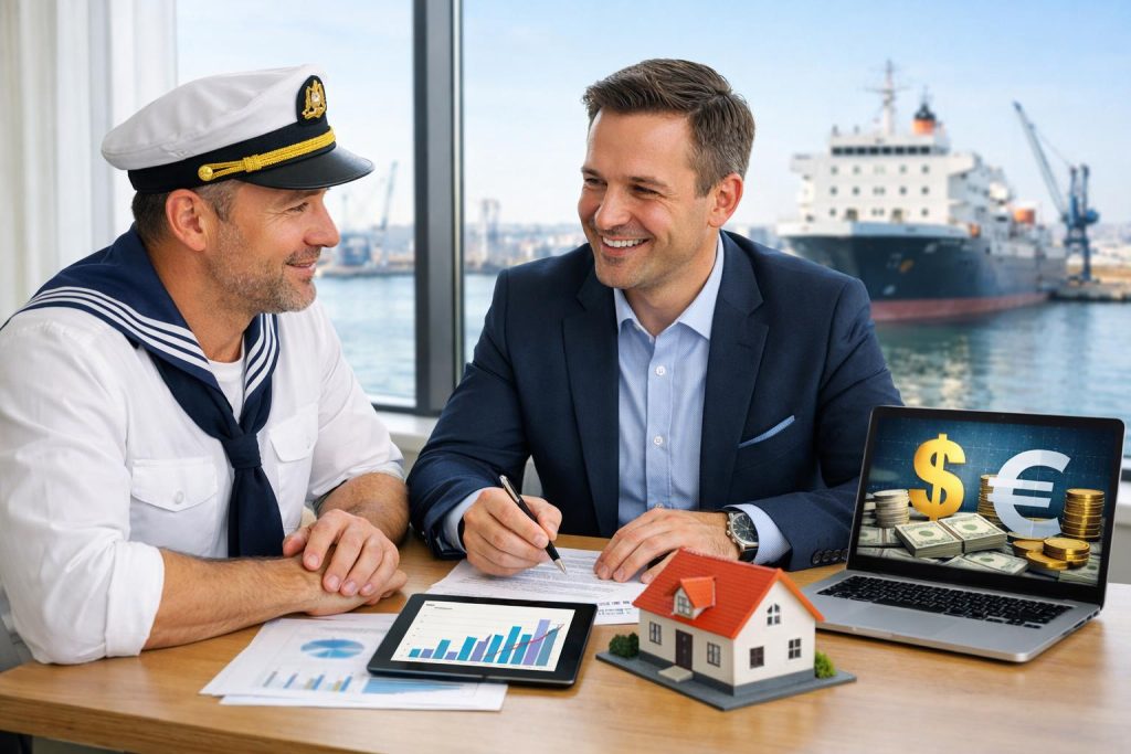 Marynarz konsultuje finansowanie z doradcą w jasnym biurze z widokiem na port
