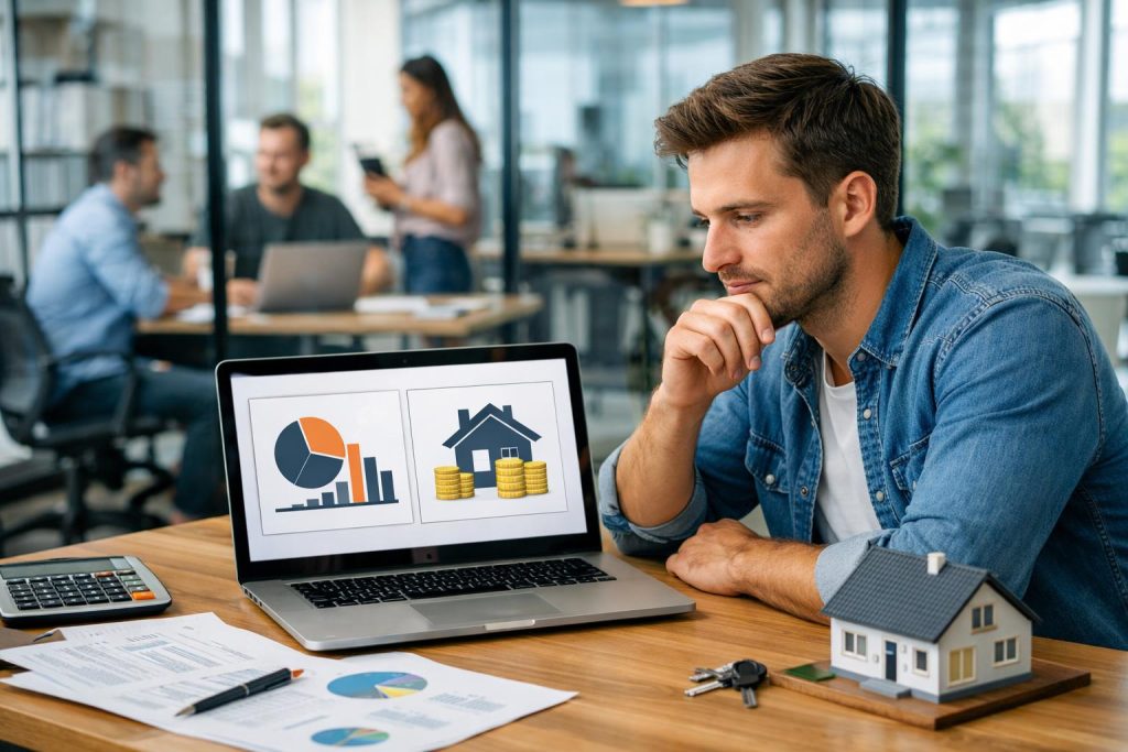 Młody założyciel startupu analizuje model udziałów i finansowanie pod zastaw nieruchomości na laptopie