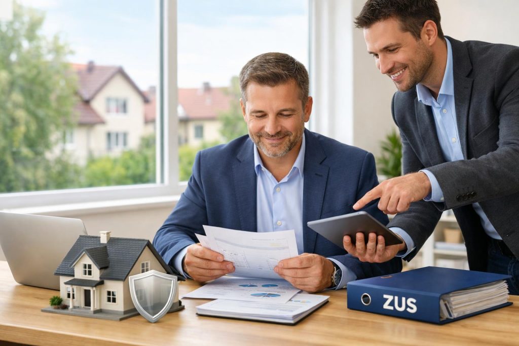 Przedsiębiorca analizuje dokumenty finansowe z doradcą i modelem domu w jasnym biurze