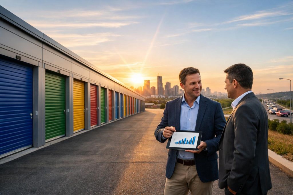 nowoczesne magazyny self-storage z kolorowymi drzwiami na obrzeżach miasta inwestor rozmawia z klientem biznesowym na tle panoramy metropolii