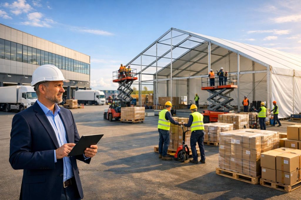 montaż hali namiotowej obok nowoczesnego centrum logistycznego e-commerce