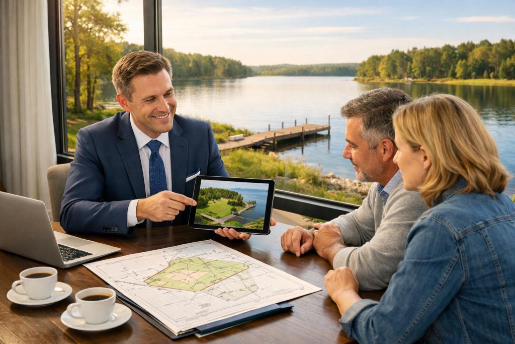Doradca finansowy prezentuje dokumenty i wizualizację działki nad jeziorem klientowi w biurze z widokiem na linię brzegową