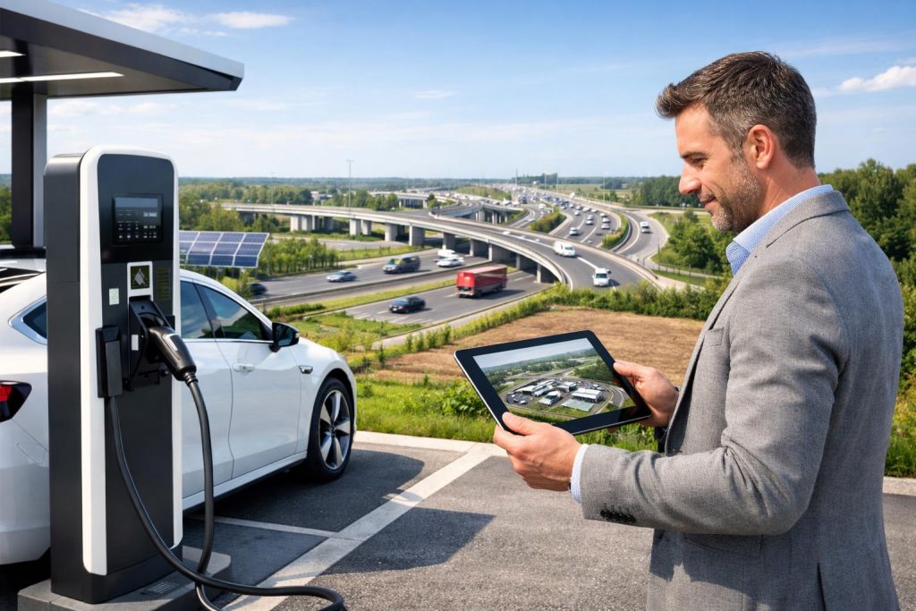 nowoczesna stacja ładowania EV na działce przy autostradzie z inwestorem analizującym projekt